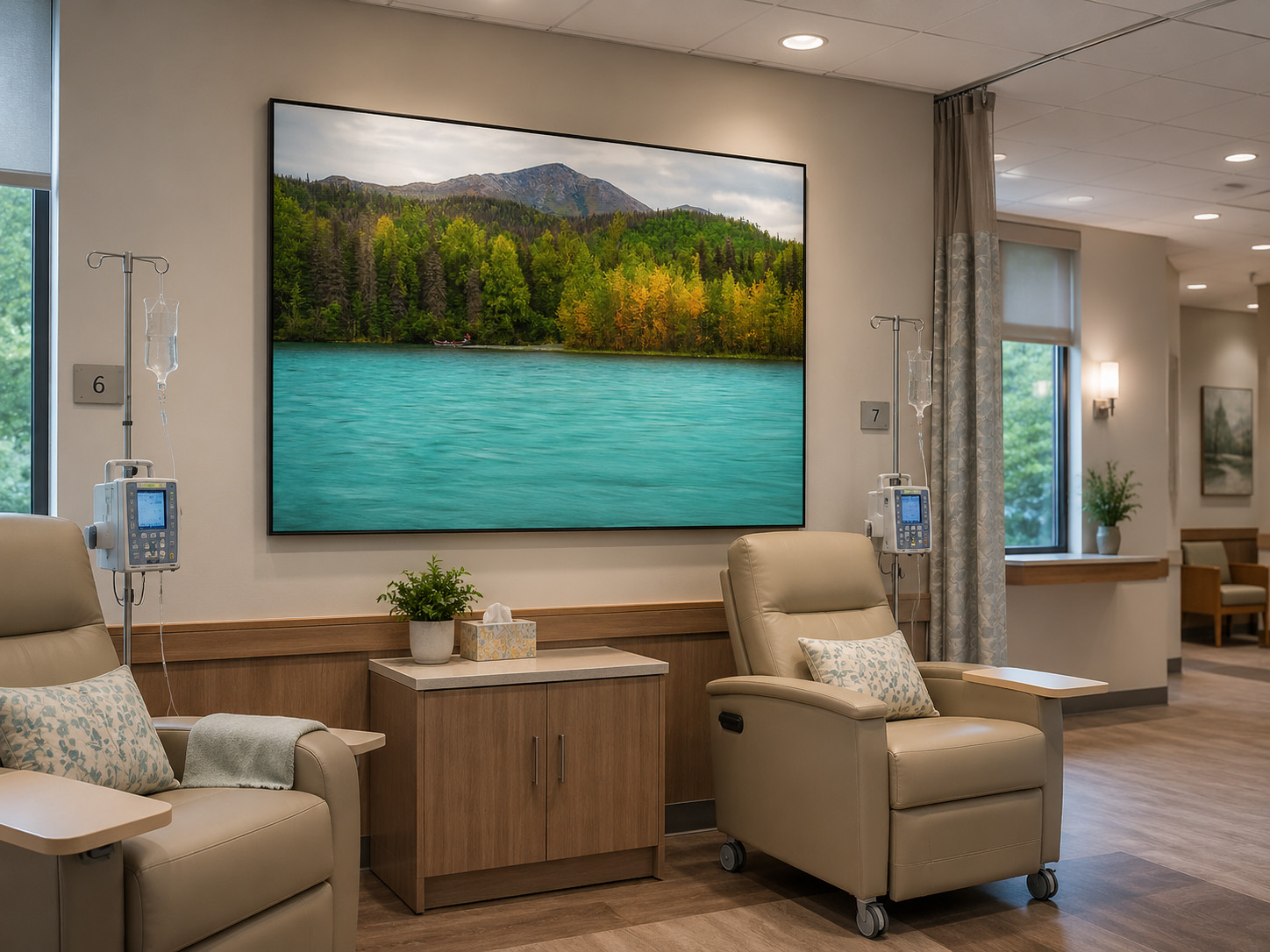 Oncology infusion room with calming landscape photography by Dan Sproul
